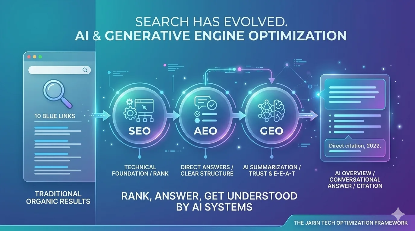 AI SEO in Bangladesh guide for businesses using SEO, AEO, and GEO by Jarin Tech